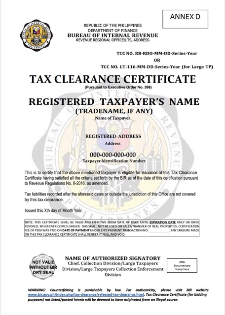 Philippines tax clearance certificate Word and PDF template